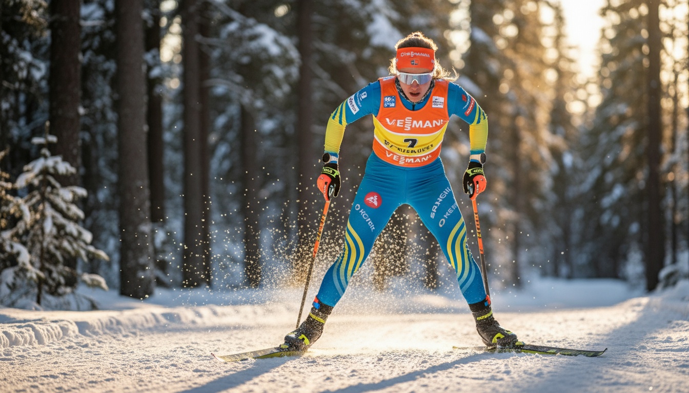 Frida Karlsson åker längdskidor i full fart i skidspåret