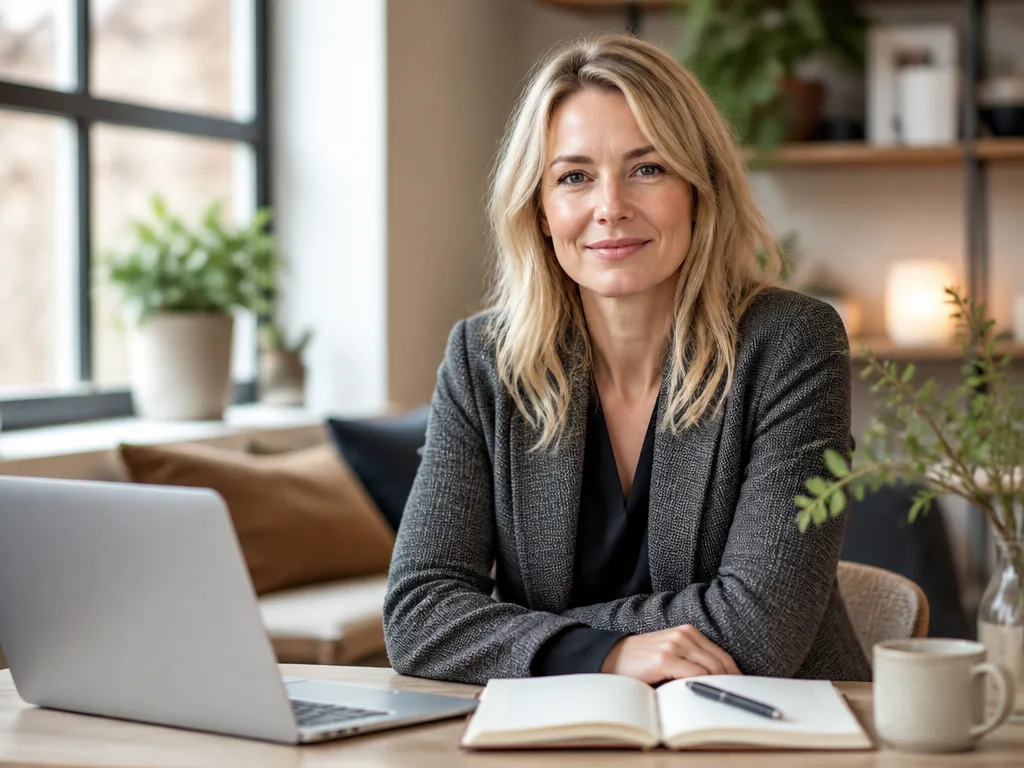 Kvinna som arbetar vid ett modernt skrivbord med laptop – symbol för kvinnliga entreprenörer i Sverige