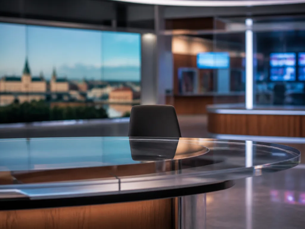 Tom nyhetsstudio med skrivbord, mikrofoner och tv-skärmar i bakgrunden