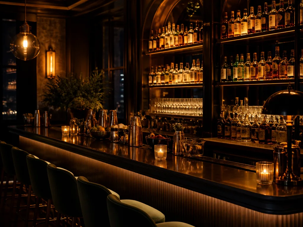Elegant cocktailbar i kvällsljus med flaskor och glas
