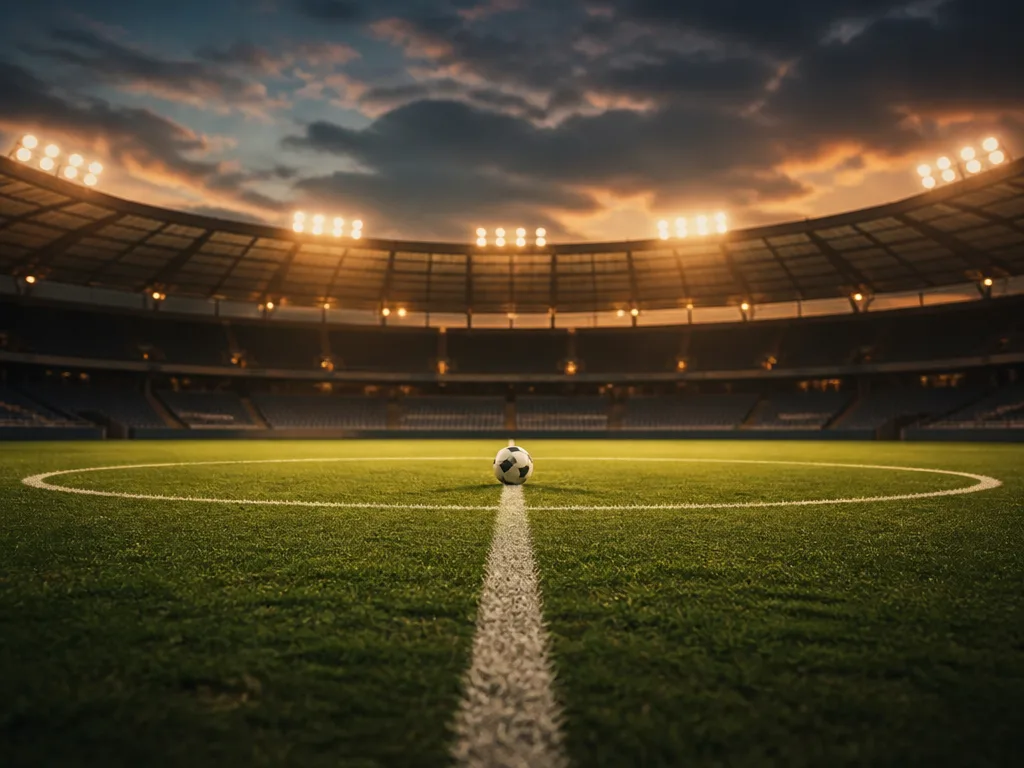 Upplyst fotbollsplan i skymningen med en fotboll vid mittcirkeln på en tom arena