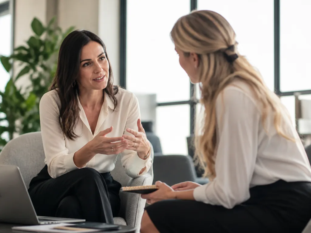 Två professionella kvinnor i ett ljust kontor i ett mentorssamtal